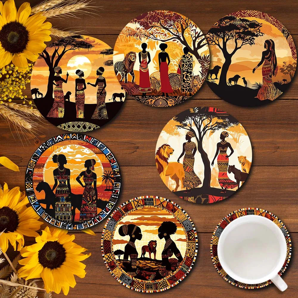Set of Wooden Coasters with Tribal Design