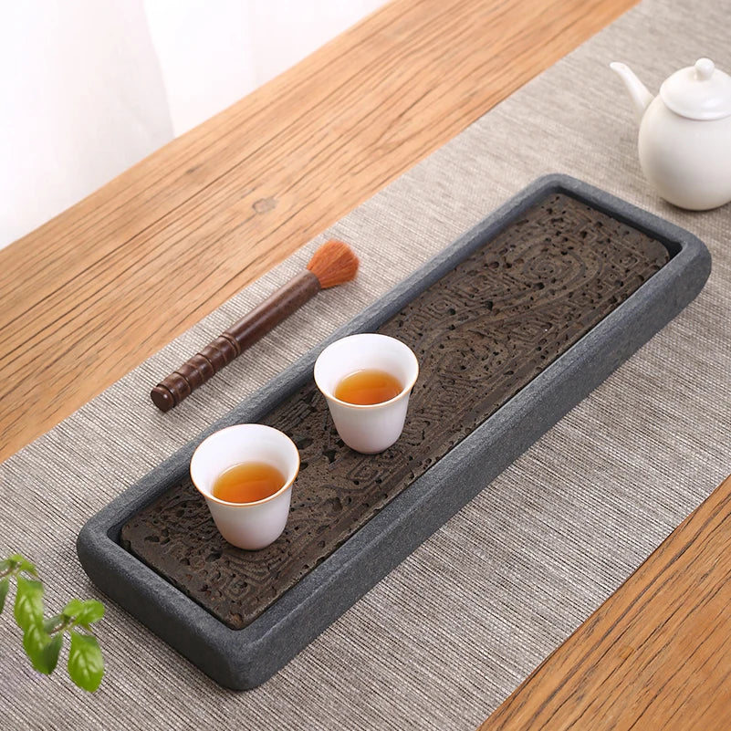 Tea Serving Tray in Volcanic Basalt with Dragon Design