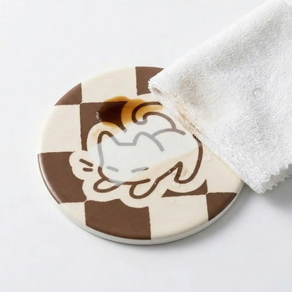 Diatomaceous Earth Coaster with Cartoon Cat Design