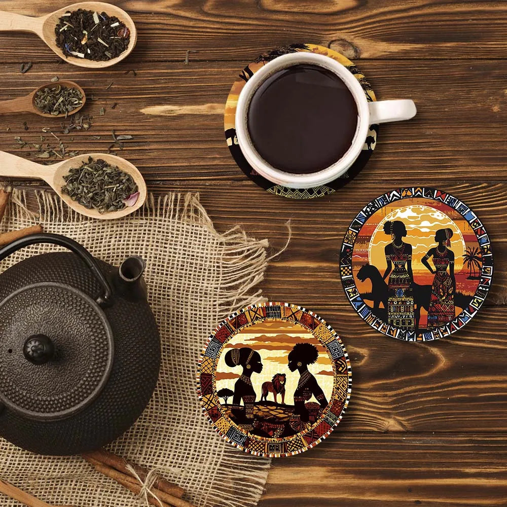 Set of Wooden Coasters with Tribal Design