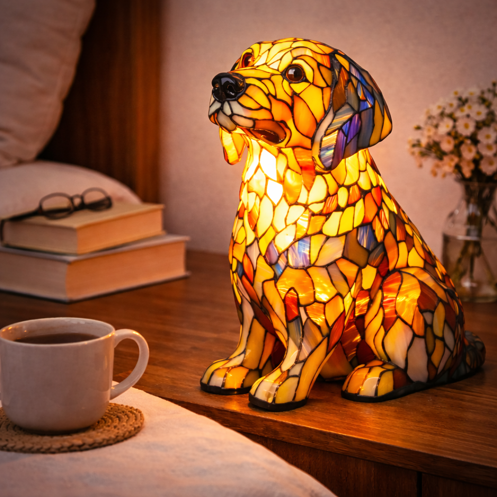 Artistic LED Table Lamp with Canine Stained Glass Design