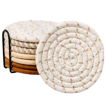 Set of 8 Absorbent Cotton Coasters with Holder in 4 Colors