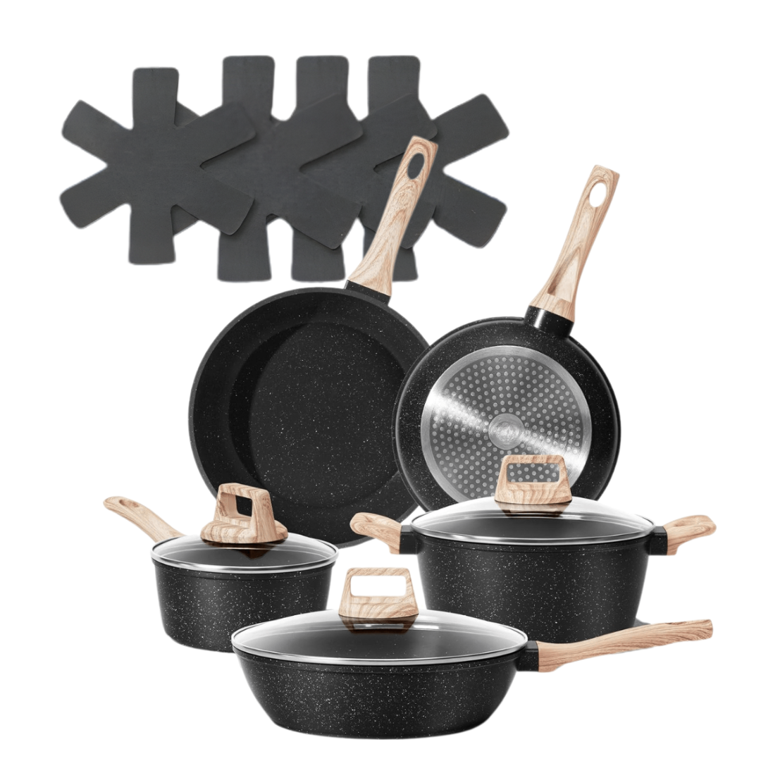 Granite Coated Nonstick Cookware Set in Aluminum with Glass Lids