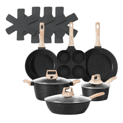 Granite Coated Nonstick Cookware Set in Aluminum with Glass Lids