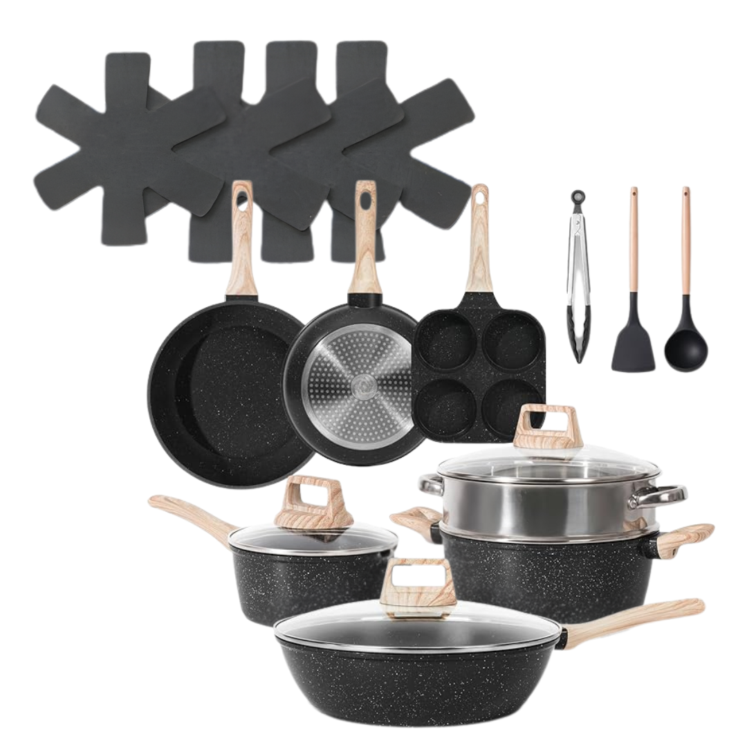 Granite Coated Nonstick Cookware Set in Aluminum with Glass Lids
