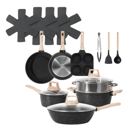 Granite Coated Nonstick Cookware Set in Aluminum with Glass Lids