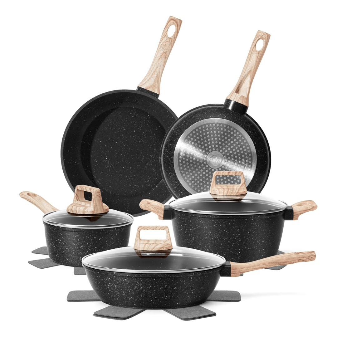 Granite Coated Nonstick Cookware Set in Aluminum with Glass Lids