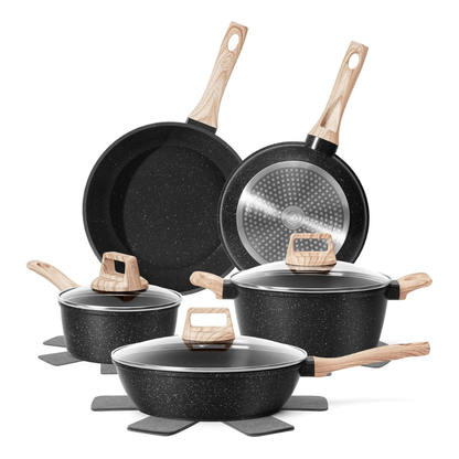 Granite Coated Nonstick Cookware Set in Aluminum with Glass Lids