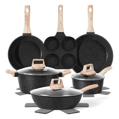 Granite Coated Nonstick Cookware Set in Aluminum with Glass Lids