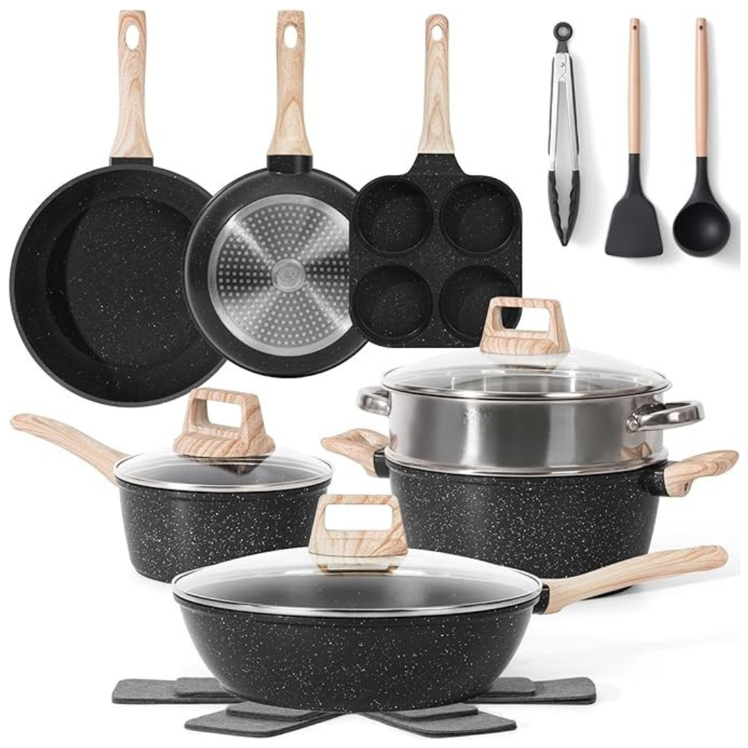 Granite Coated Nonstick Cookware Set in Aluminum with Glass Lids