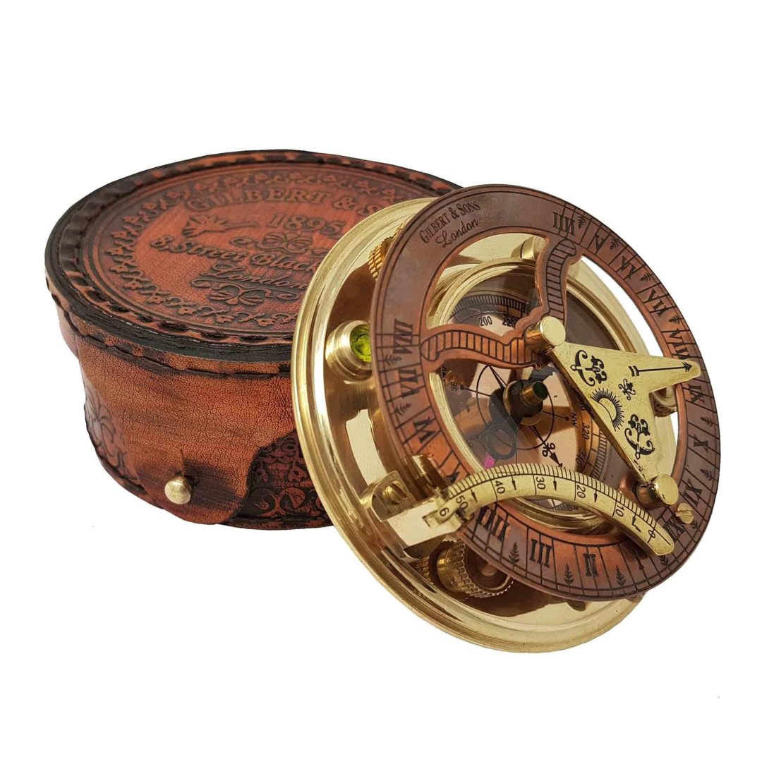 Leather Gift Boxed Sundial Compass in Antique Brass and Copper