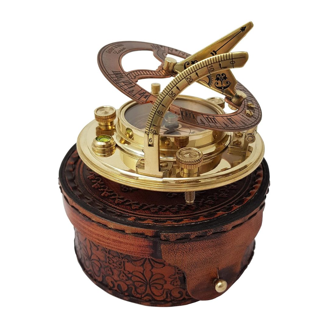 Leather Gift Boxed Sundial Compass in Antique Brass and Copper
