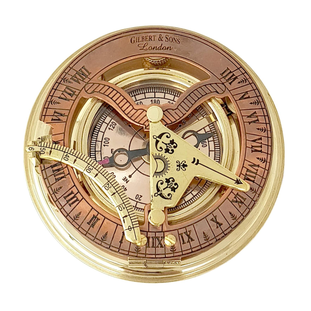 Leather Gift Boxed Sundial Compass in Antique Brass and Copper