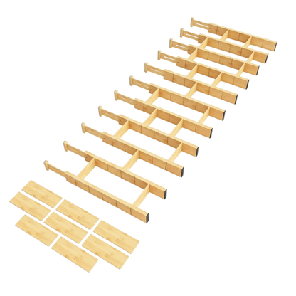 Adjustable Organizers with Labels and Inserts for Bamboo Drawers