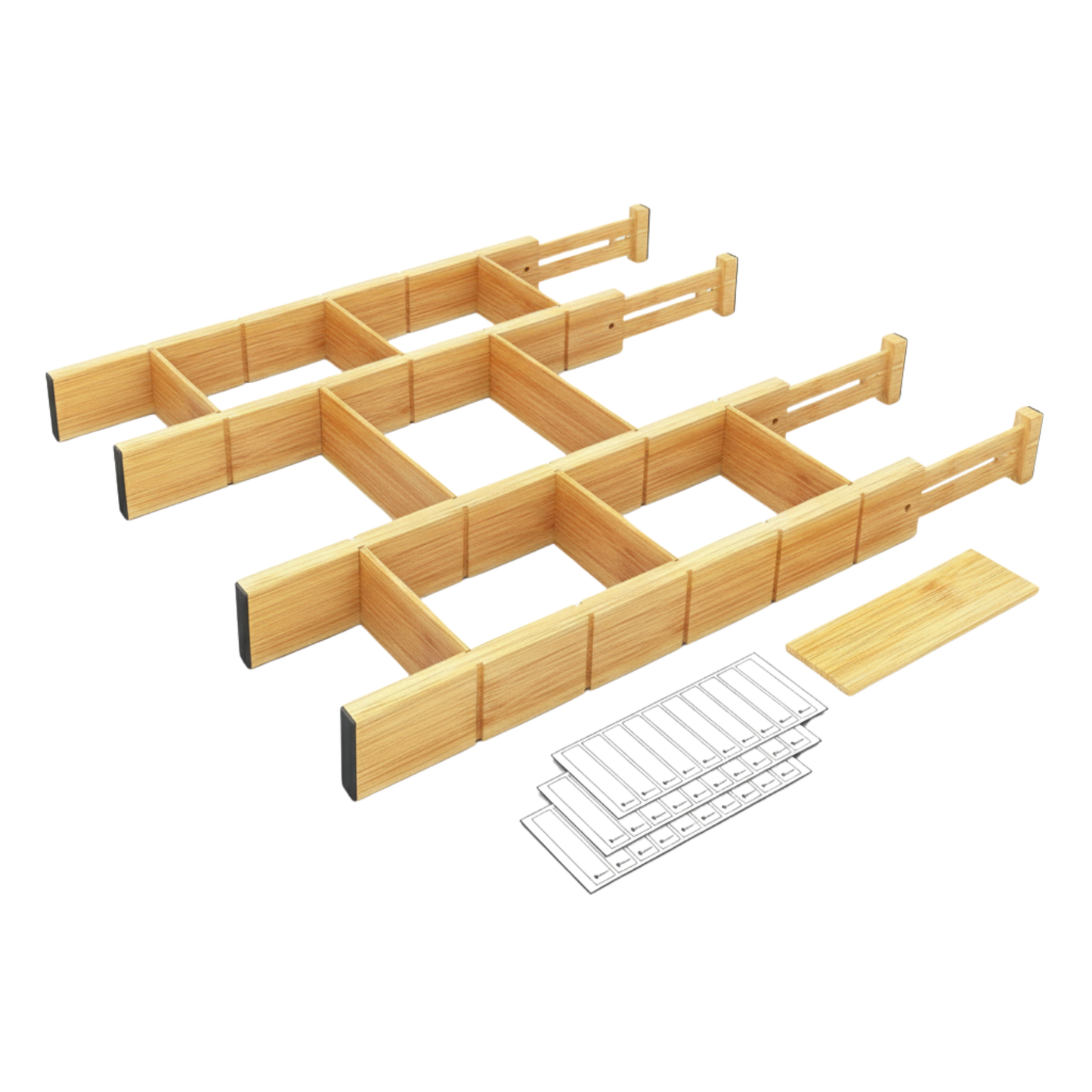 Adjustable Organizers with Labels and Inserts for Bamboo Drawers