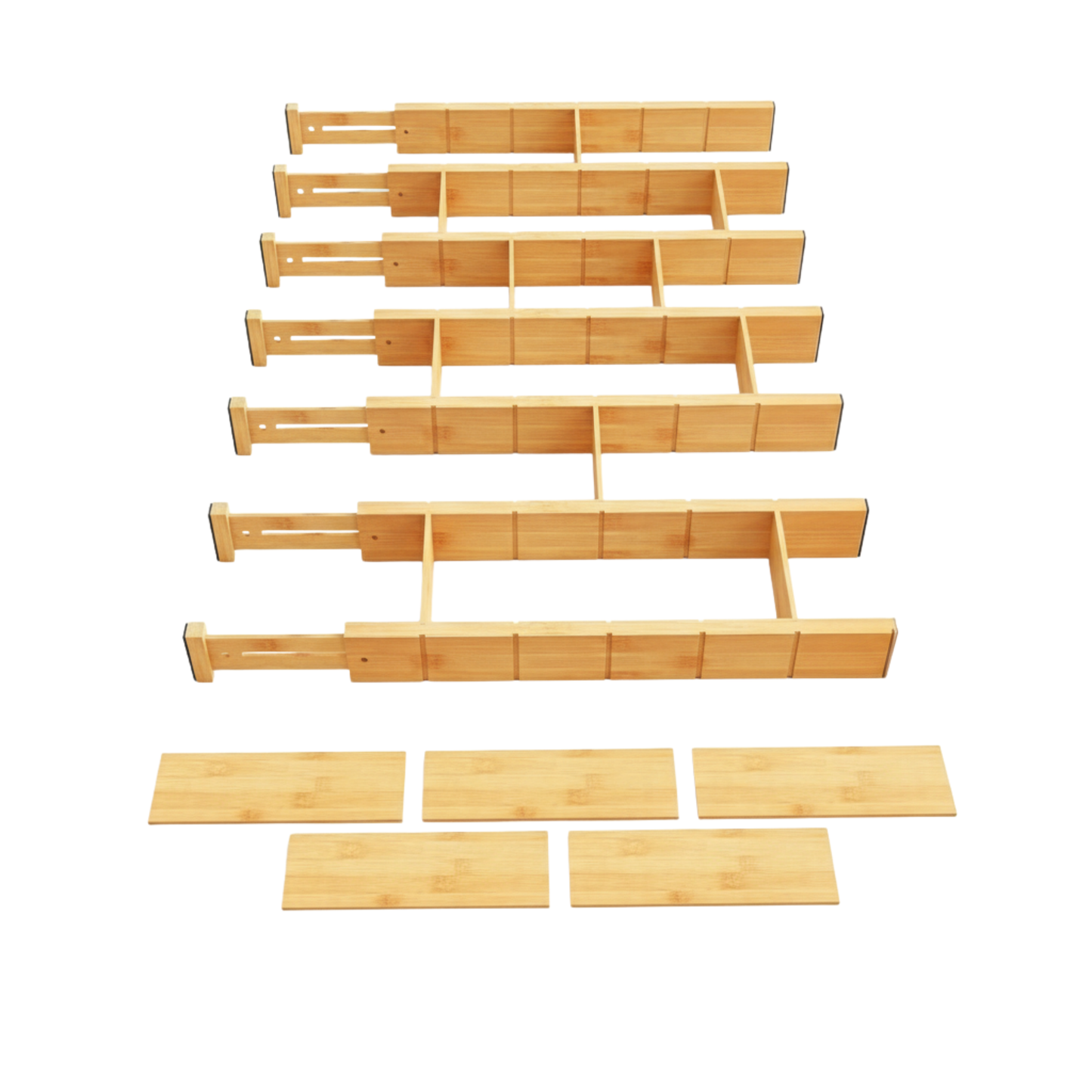 Adjustable Organizers with Labels and Inserts for Bamboo Drawers
