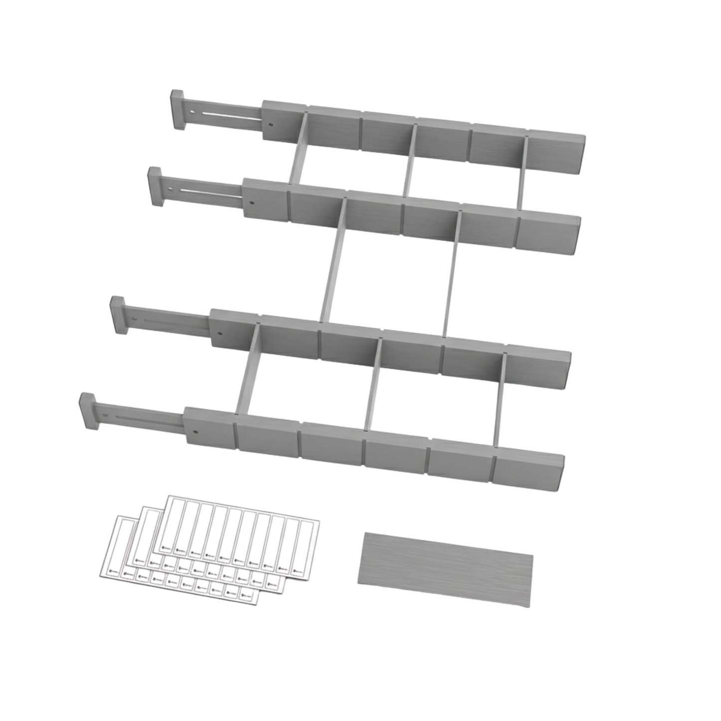 Adjustable Organizers with Labels and Inserts for Bamboo Drawers