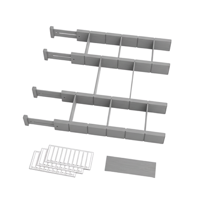 Adjustable Organizers with Labels and Inserts for Bamboo Drawers