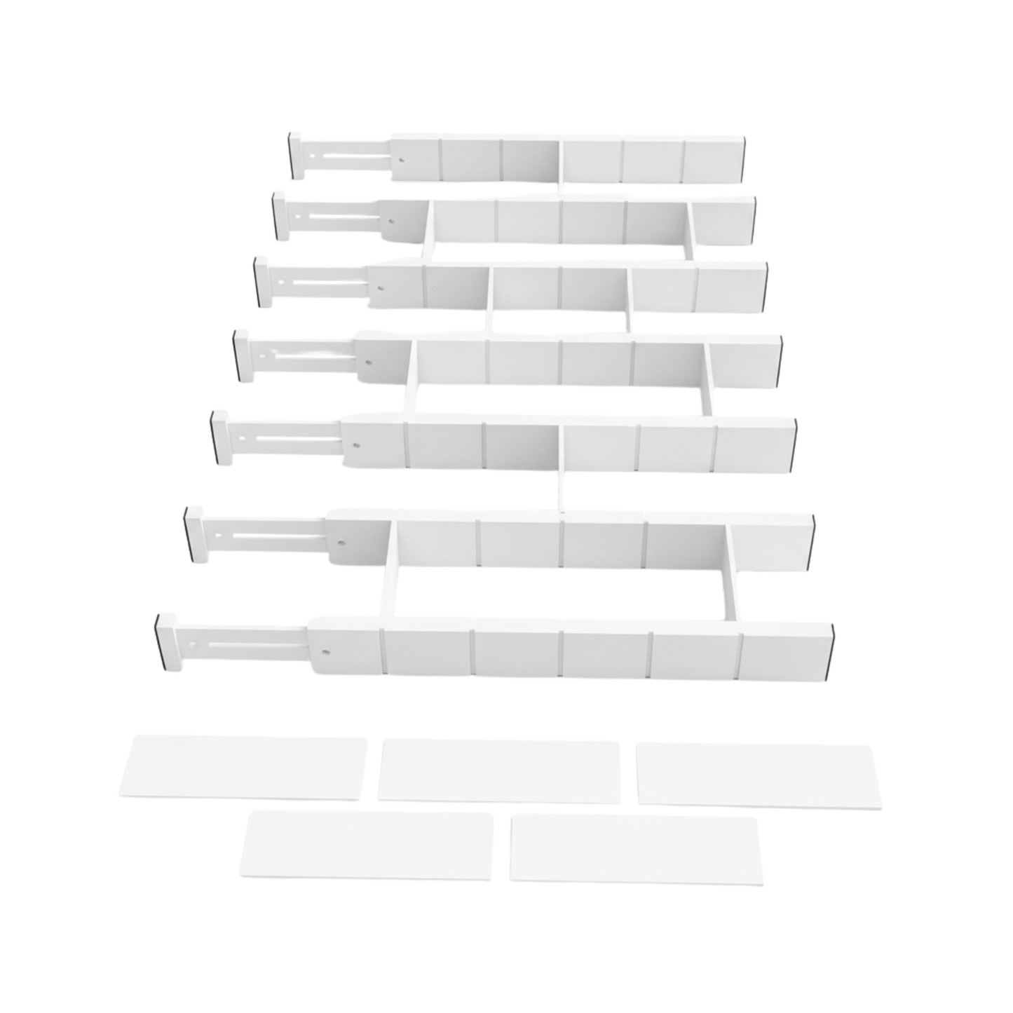 Adjustable Organizers with Labels and Inserts for Bamboo Drawers