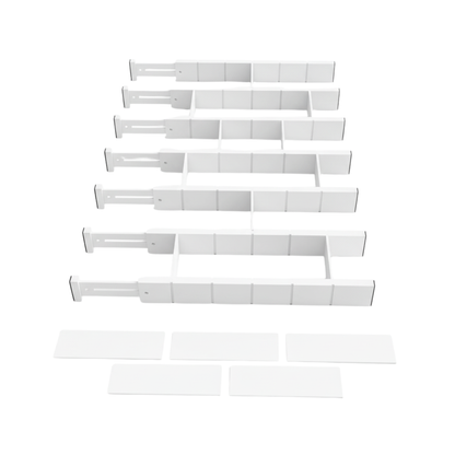 Adjustable Organizers with Labels and Inserts for Bamboo Drawers