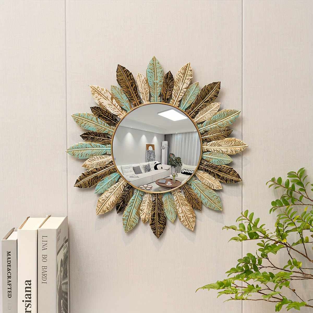 Elegant Sunburst Wall Mirror in Teal and Gold Accents