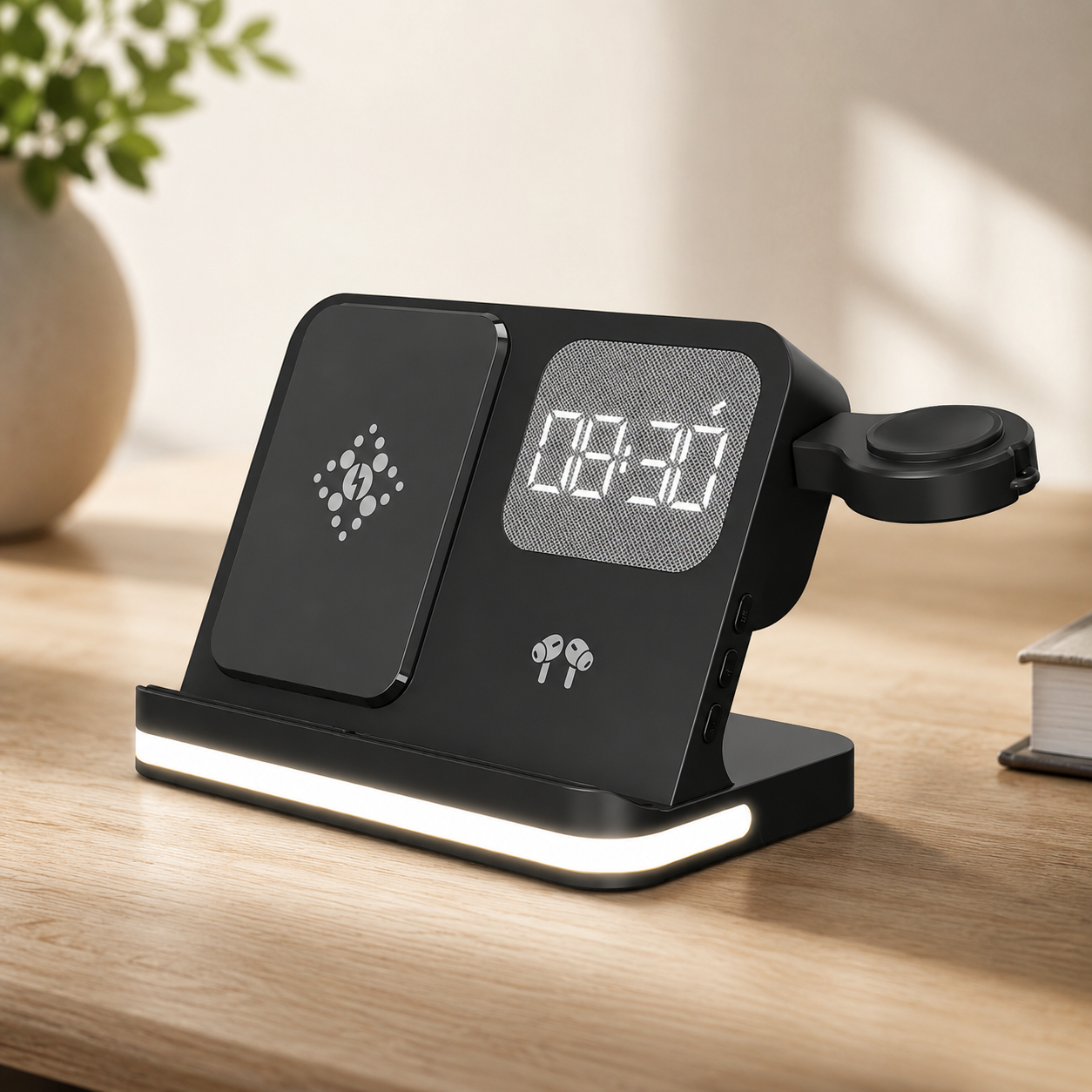 Wireless Charging Station with LED Clock – 6 Functions