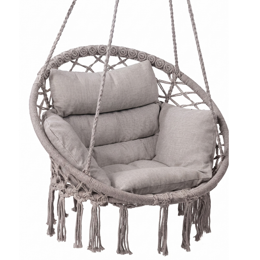 Macrame Hammock Chair with Cushion for Porch and Patio Relaxation