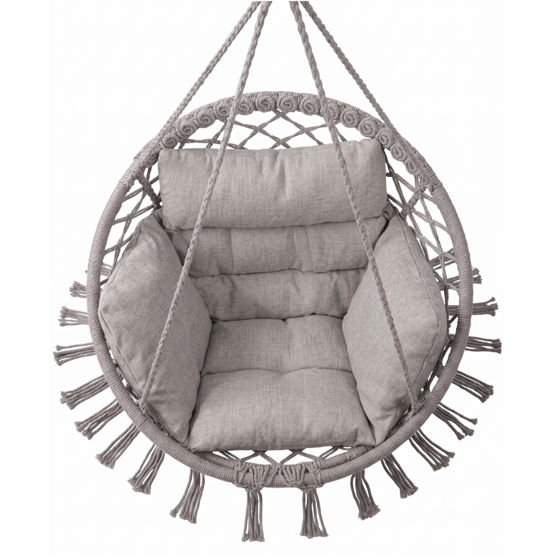 Macrame Hammock Chair with Cushion for Porch and Patio Relaxation
