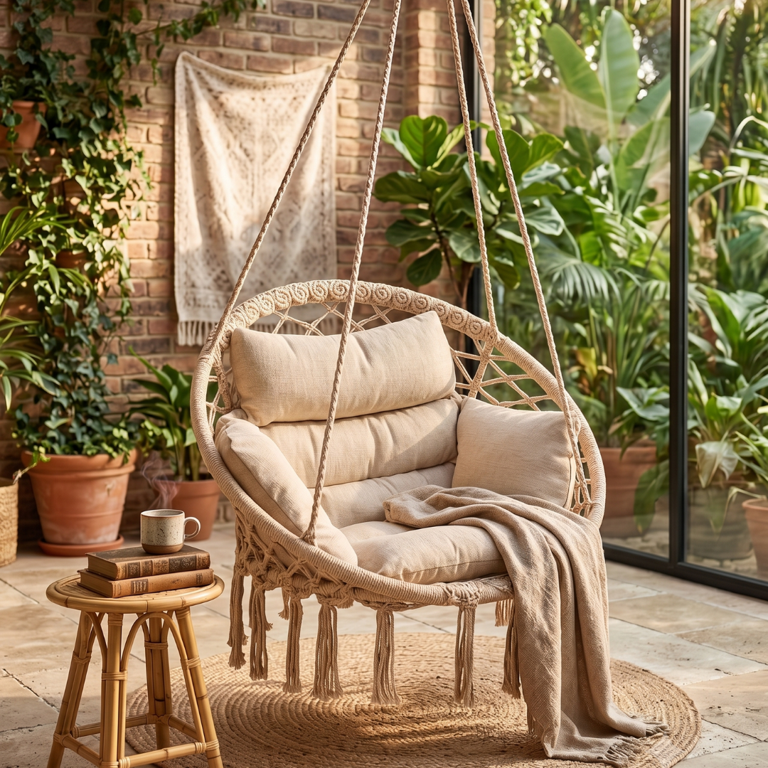Macrame Hammock Chair with Cushion for Porch and Patio Relaxation