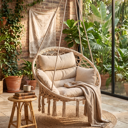 Macrame Hammock Chair with Cushion for Porch and Patio Relaxation