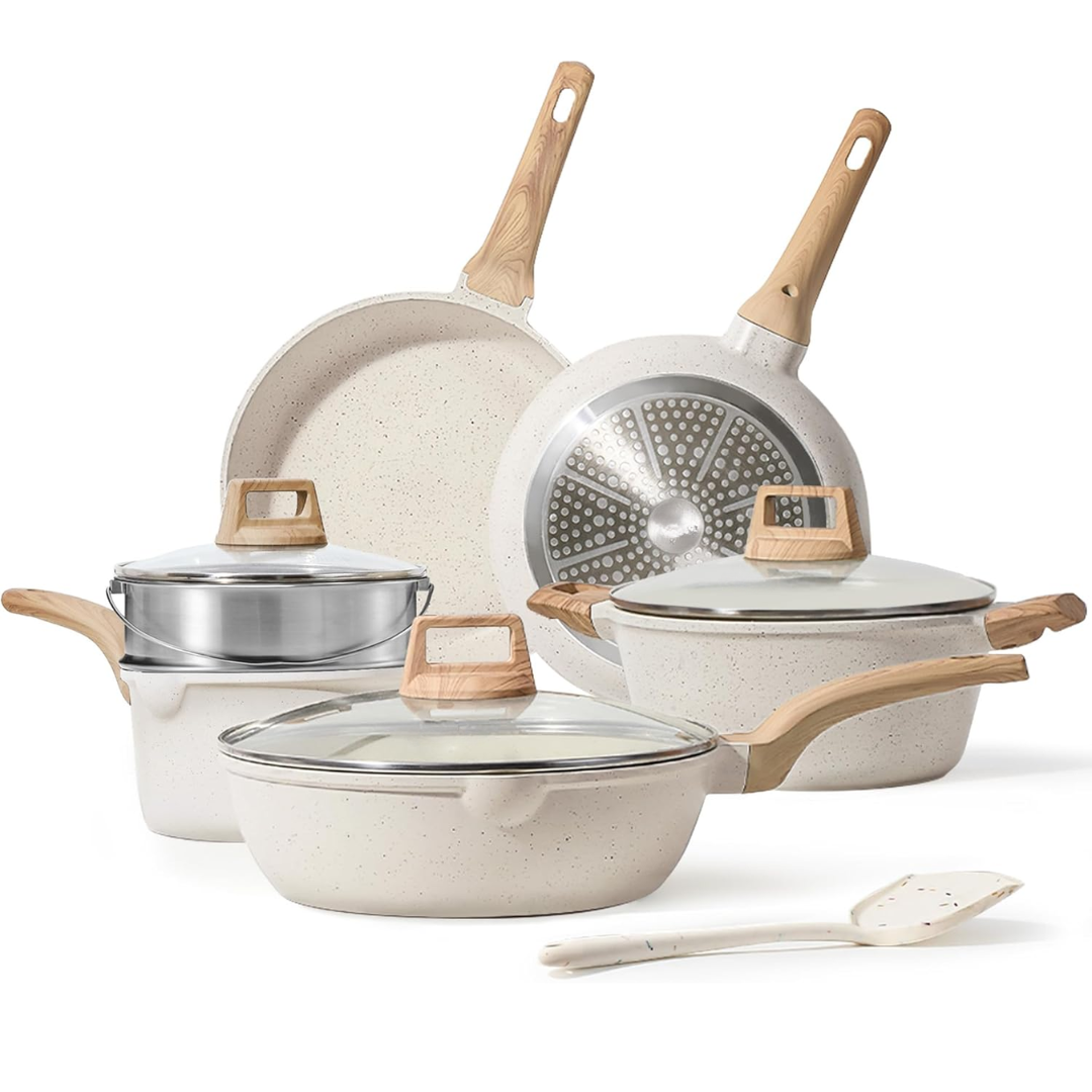 Nonstick Cookware Set in Cream White Granite – Suitable for All Stovetops