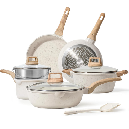 Nonstick Cookware Set in Cream White Granite – Suitable for All Stovetops