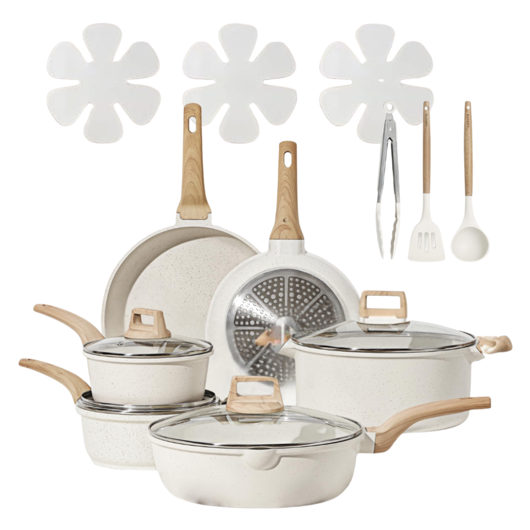 Nonstick Cookware Set in Cream White Granite – Suitable for All Stovetops