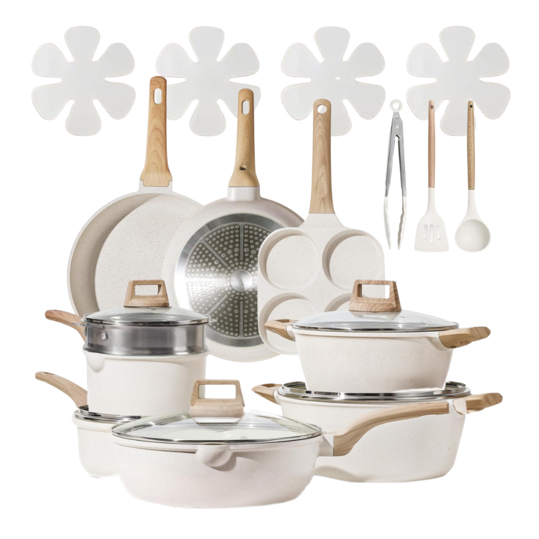 Nonstick Cookware Set in Cream White Granite – Suitable for All Stovetops