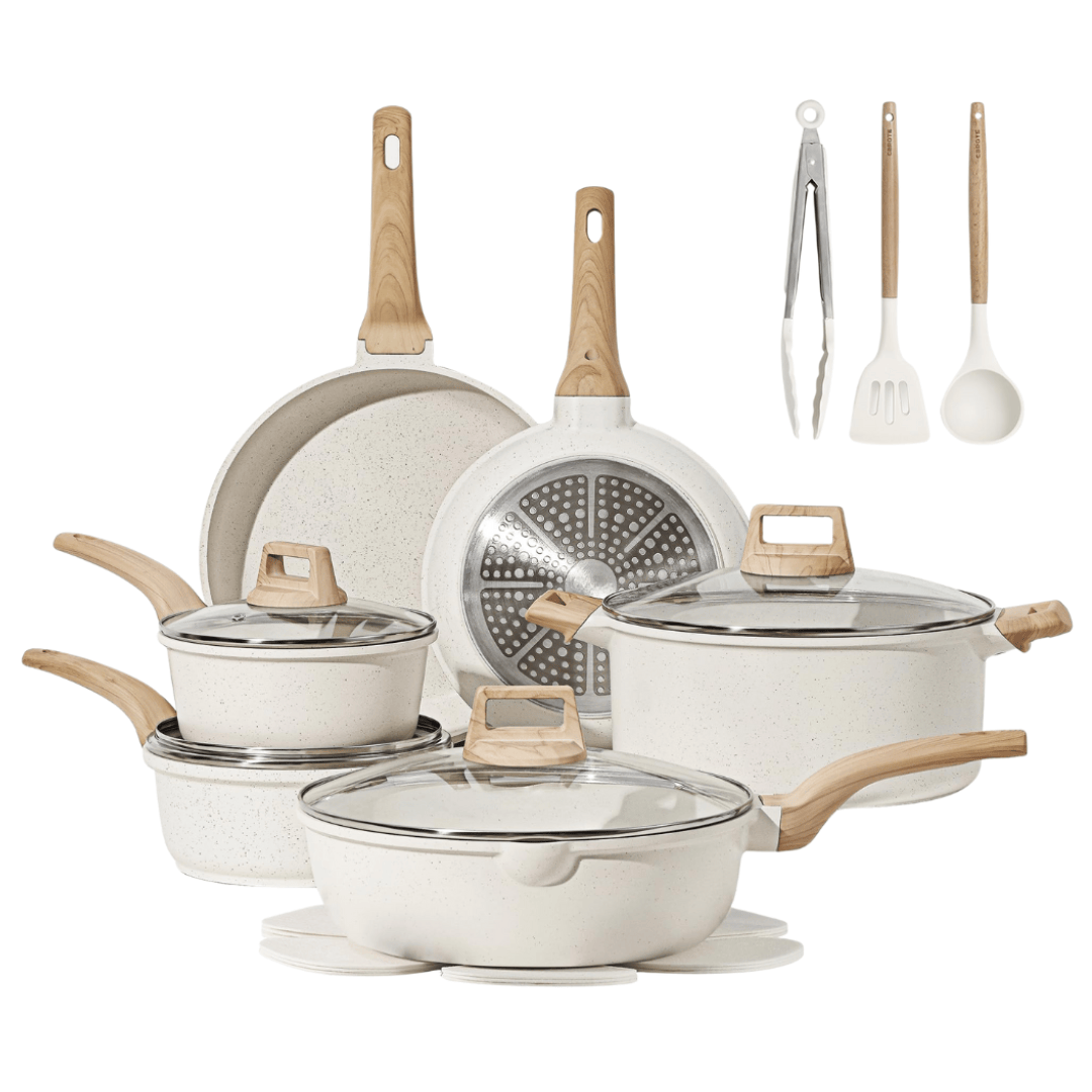 Nonstick Cookware Set in Cream White Granite – Suitable for All Stovetops