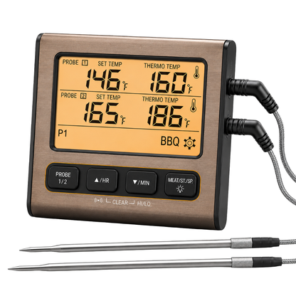 Digital Meat Thermometer for BBQ with Dual Probes and LCD Timer