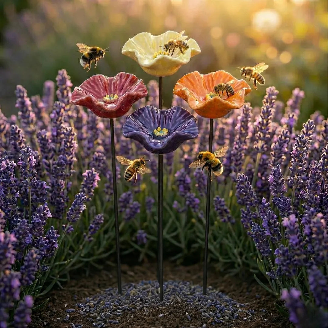 Charming Ceramic Flower Water Stations for Bees (Set of 4)