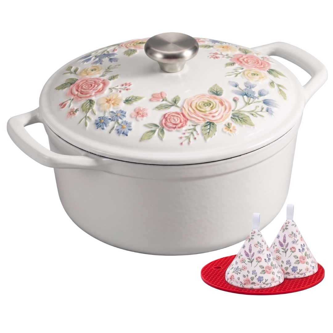 Cast Iron Dutch Oven with Enamel Finish for Baking and Roasting