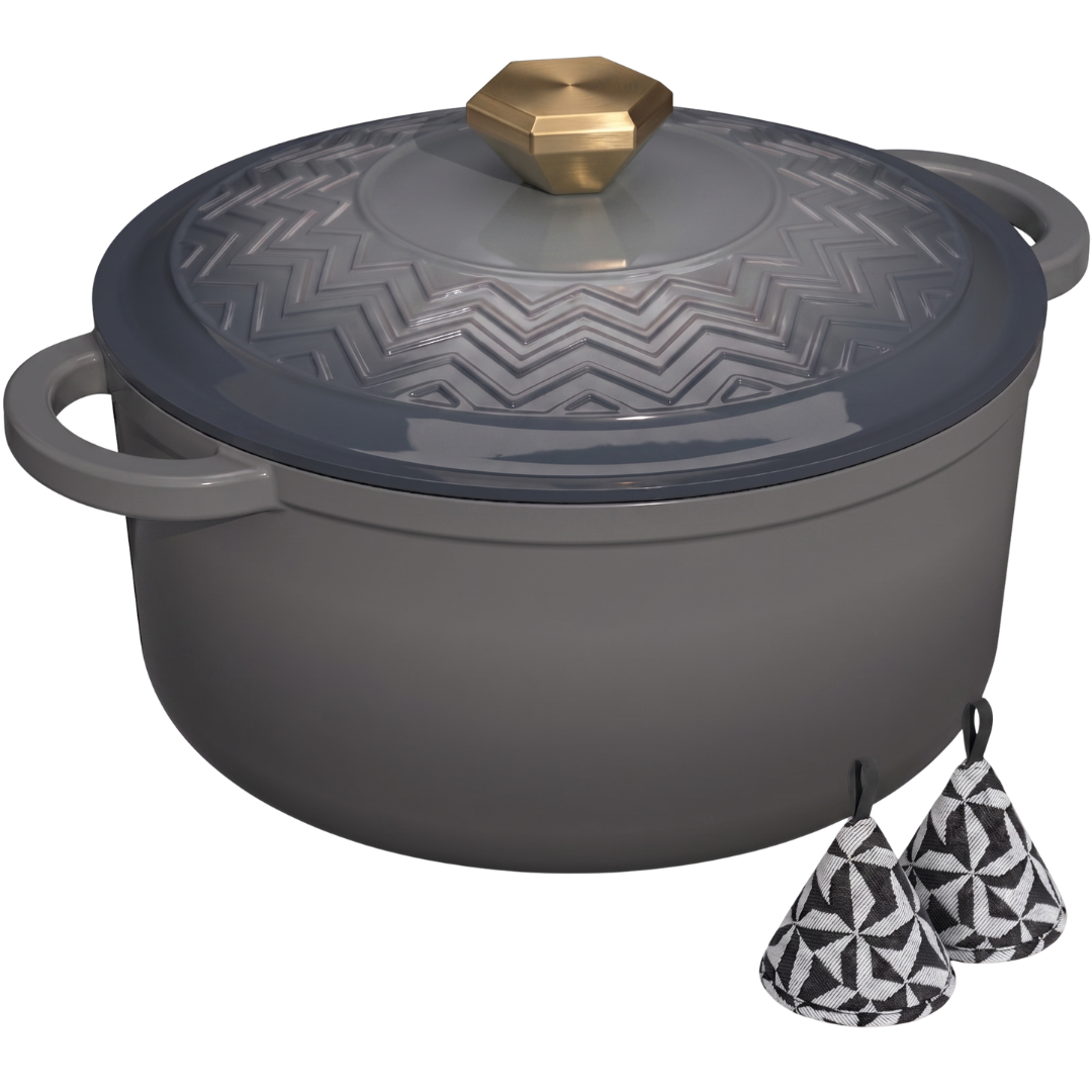 Cast Iron Dutch Oven with Enameled Finish, Moisture-Sealing Lid, Potholders