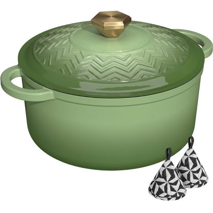 Cast Iron Dutch Oven with Enameled Finish, Moisture-Sealing Lid, Potholders