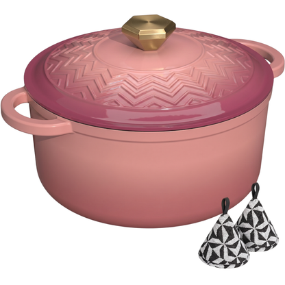 Cast Iron Dutch Oven with Enameled Finish, Moisture-Sealing Lid, Potholders