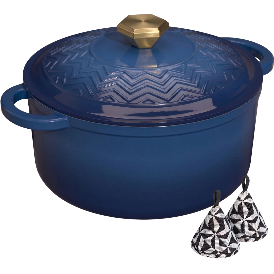 Cast Iron Dutch Oven with Enameled Finish, Moisture-Sealing Lid, Potholders
