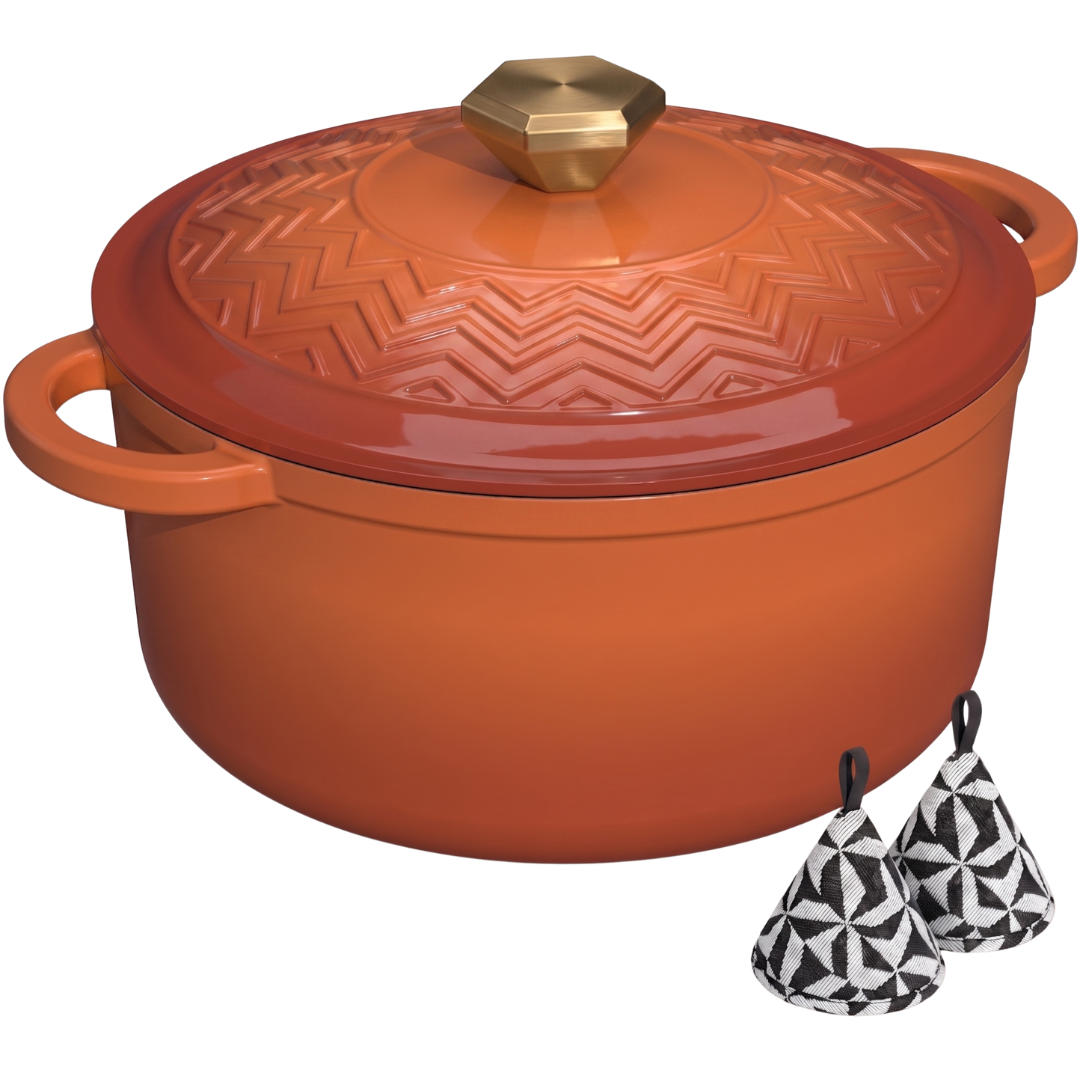 Cast Iron Dutch Oven with Enameled Finish, Moisture-Sealing Lid, Potholders