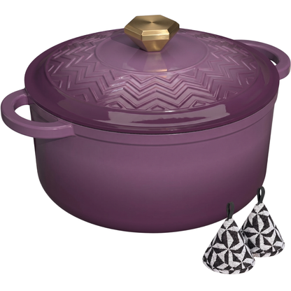 Cast Iron Dutch Oven with Enameled Finish, Moisture-Sealing Lid, Potholders