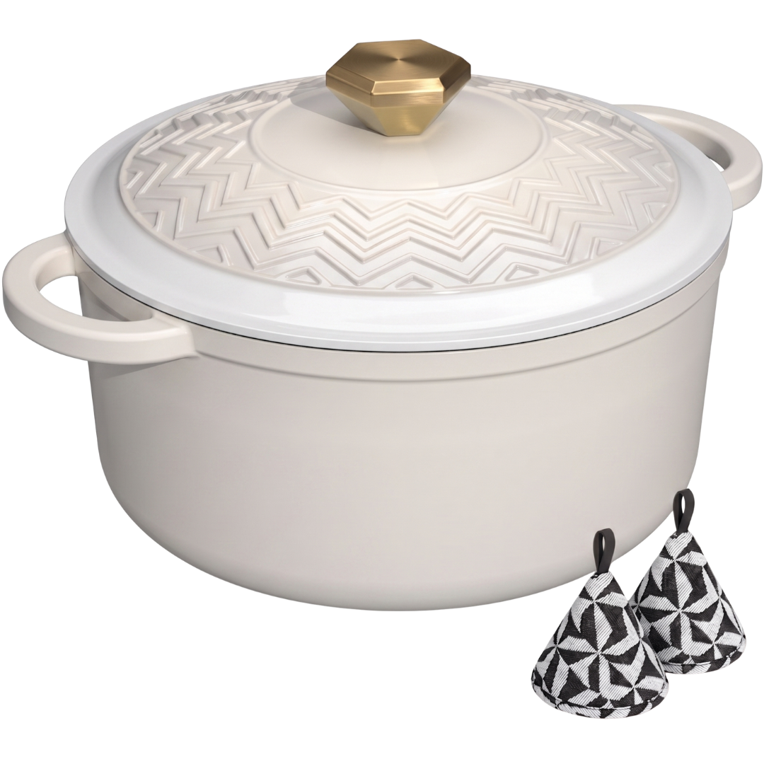 Cast Iron Dutch Oven with Enameled Finish, Moisture-Sealing Lid, Potholders