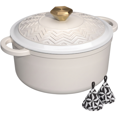Cast Iron Dutch Oven with Enameled Finish, Moisture-Sealing Lid, Potholders