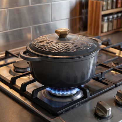 Cast Iron Dutch Oven with Enameled Finish, Moisture-Sealing Lid, Potholders