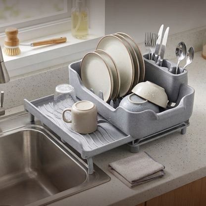 Over Sink Dish Drying Rack with Expandable Design, Drain Tray & Utensil Holder
