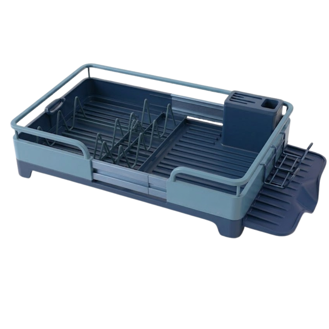 Stainless Steel Dish Rack with Drain Tray and Utensil Organizer, Expandable