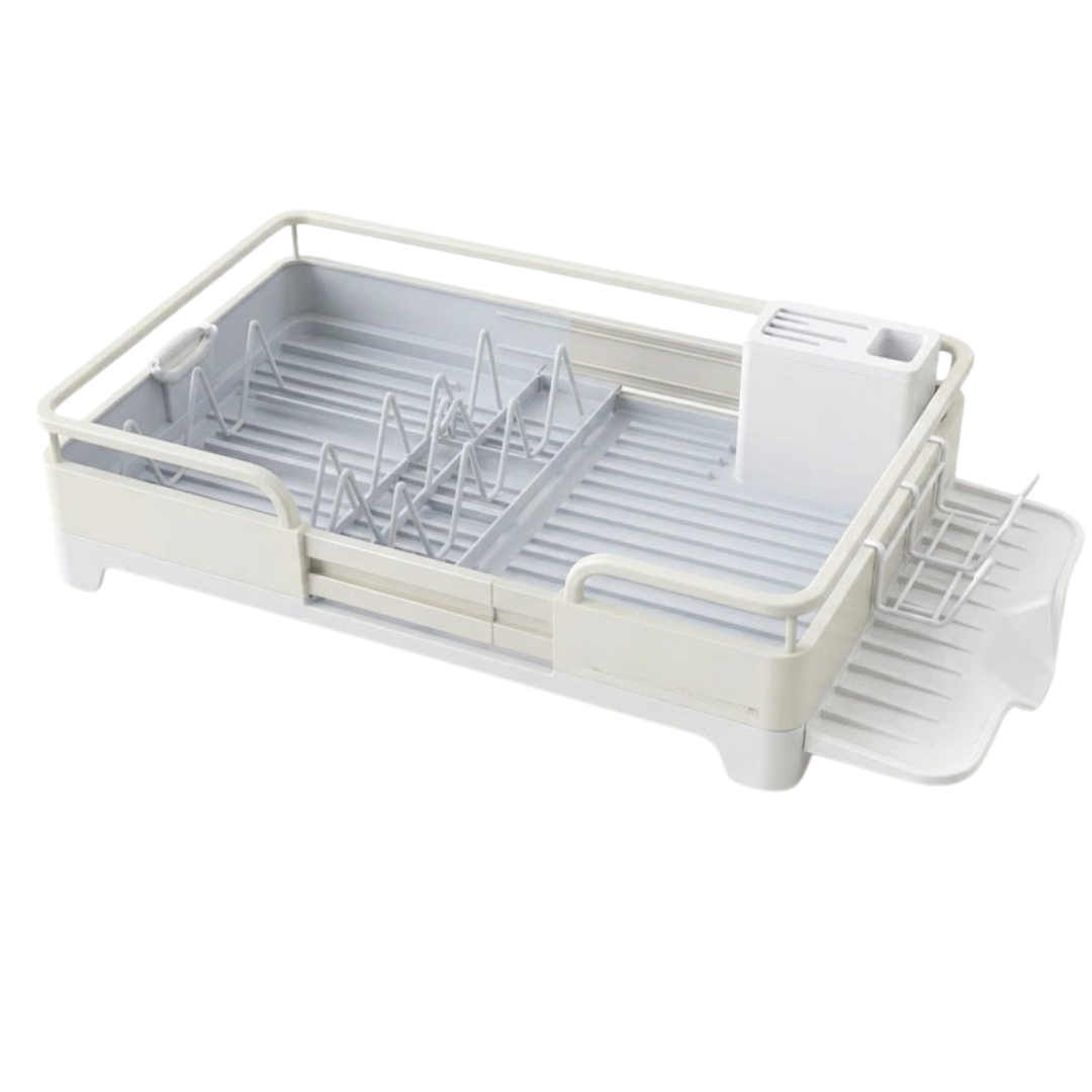 Stainless Steel Dish Rack with Drain Tray and Utensil Organizer, Expandable